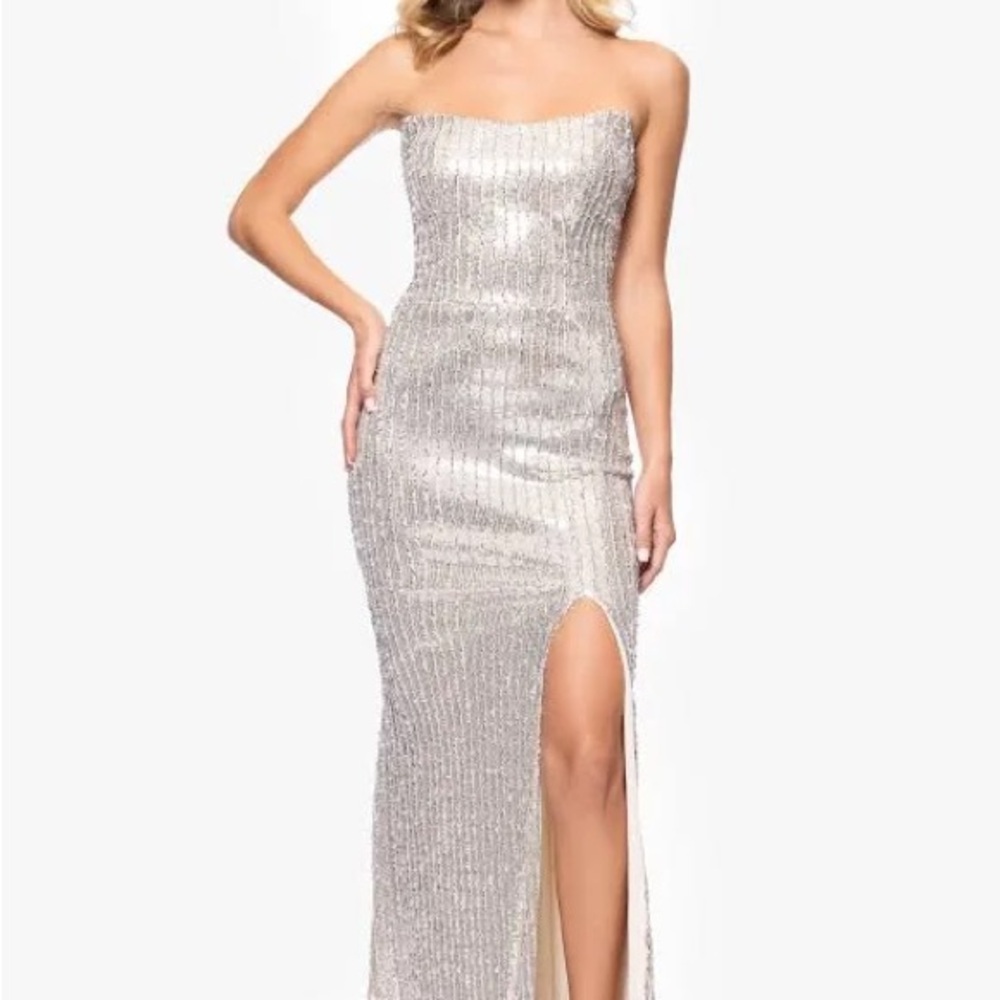 Betsy & Adam Silver Strapless Gown